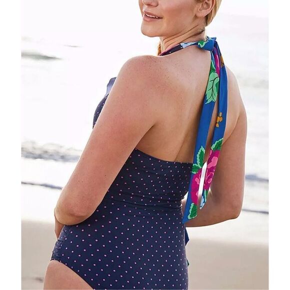 Matilda Jane Navy Sandcastle Queen Halter One-Piece Size M Polka Dot Floral Ruch - Picture 2 of 7